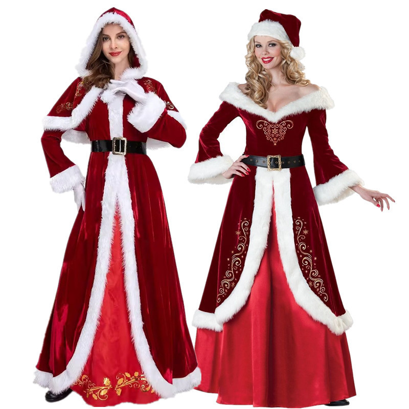 European and American Santa Claus Costume Retro Palace Long Skirt Women's Cosplay Christmas Annual Party Dress Performance Clothing