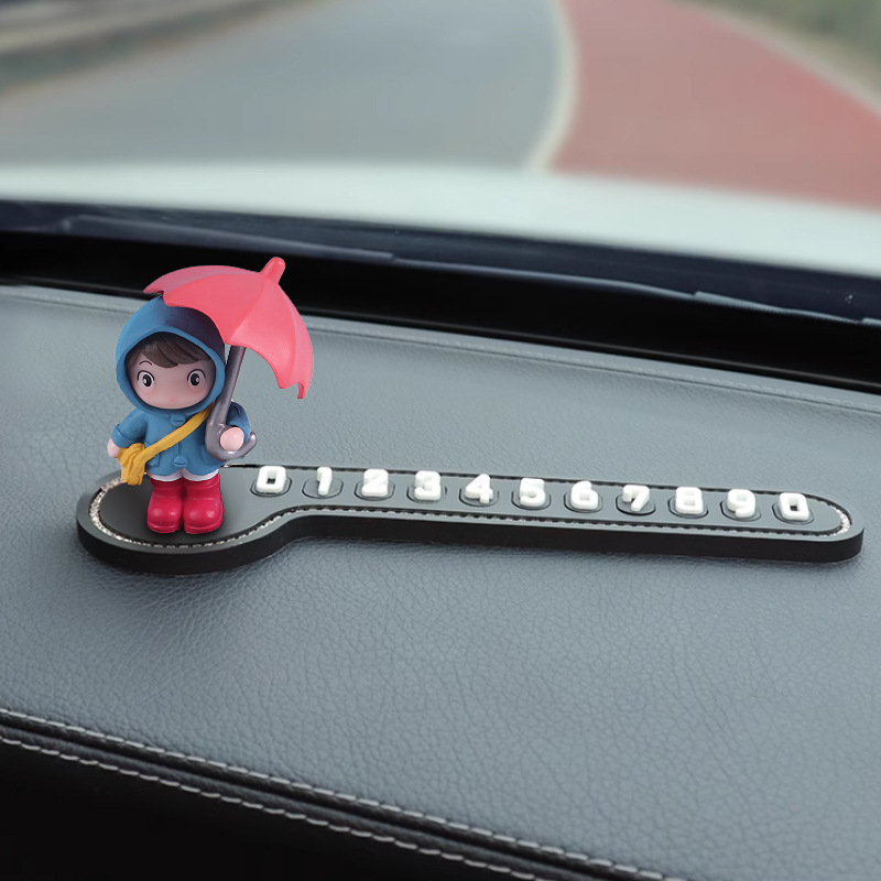 Tarjeta de estacionamiento temporal para automóvil, placa de número de diamante, movimiento de automóvil, placa de teléfono, paraguas, niña de dibujos animados, mujer