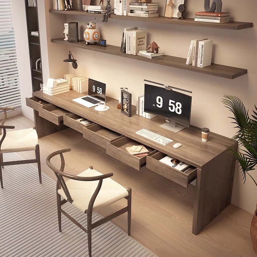 Solid Wood Bookshelf Integrated Desk Student Home Bookshelf with Drawer Study Double Long Computer Desk Office Desk