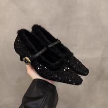 白色毛毛鞋女冬外穿2025新款加绒保暧尖头粗跟单鞋气质玛丽珍鞋女