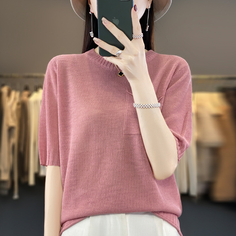 竹节麻圆领针织短袖女夏季新款通勤套头韩版T恤宽松显瘦半袖上衣