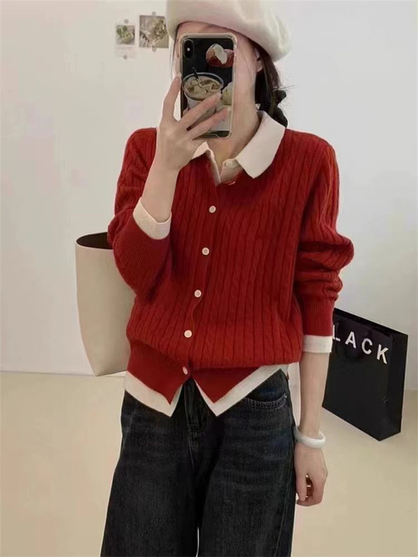 韩系polo领拼色假两件毛衣开衫女秋冬新款宽松慵懒风别致针织外套|undefined