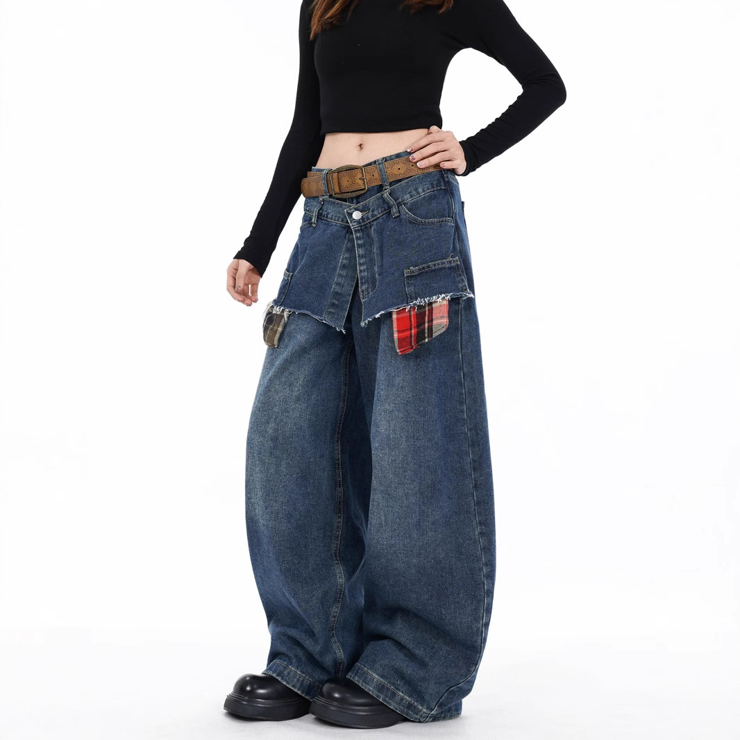 Men's Oversized Distressed Jeans High Street Style Fake Two-Pocket Design Relaxed Wide Leg Cotton Vintage Wash Unisex Streetwear_mkmklike.com