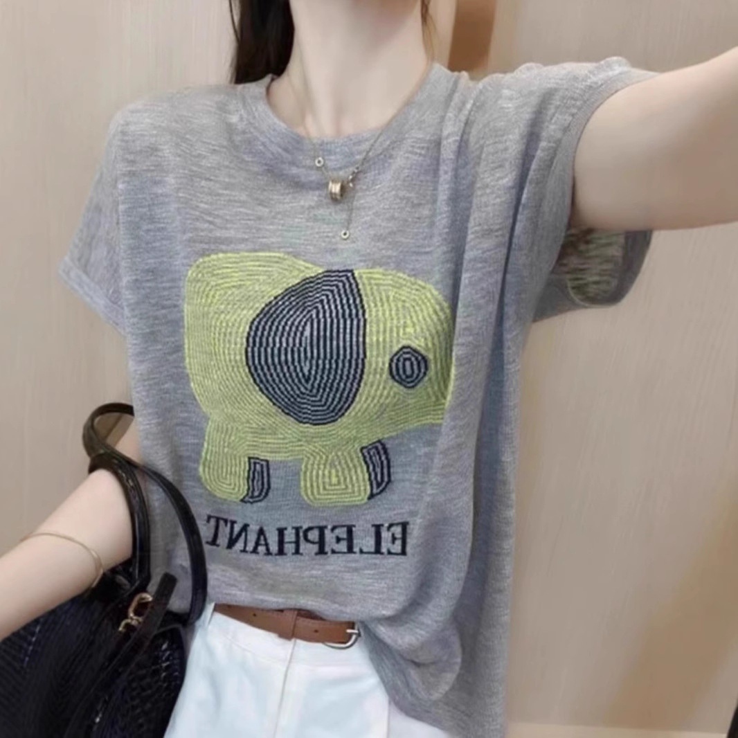 This year's popular summer thin letter elephant short sleeve ice linen sweater women's age-reducing loose round neck top T-shirt
