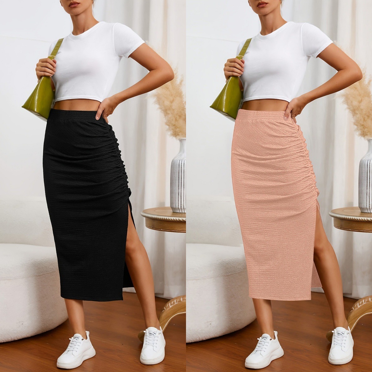 2025 Cross-border Women's Skirt European and American Simple Vision American Retro Hot Girl Design Three-dimensional Slit Skirt