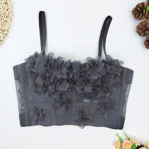 Lace mesh fishbone suspender short style flower vest with breast pad for outer wear bottoming breast-wrapped French beaded top