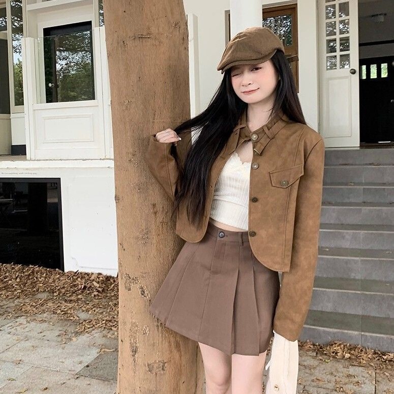 美拉德咖色复古皮衣春秋小个子美式夹克上衣外套百褶短裙两件套女|undefined