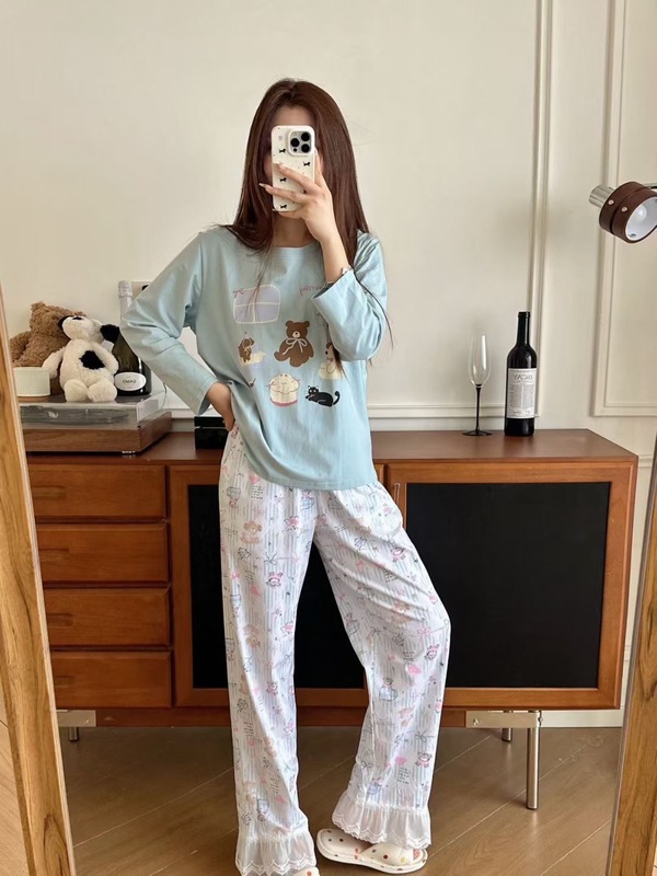 秋季新款ins少女时光蕾丝卡通冰瓷棉长袖甜美圆领休闲家居服套装|undefined