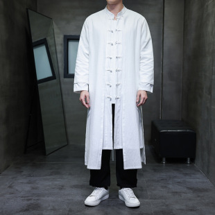 2025 Chinese Style Spring and Autumn Men's Retro Fashionable Cotton and Linen Mid-length Hanfu Fake Two-piece Retro Windbreaker Tang Suit