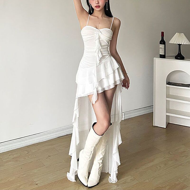 2025法式超仙纯欲荷叶边拼接吊带连衣裙女小众修身显瘦不规则裙|undefined