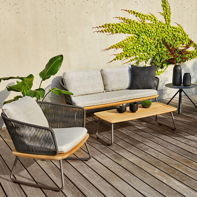 Sofá de ratán de teca al aire libre nórdico, villa de ocio al aire libre, balcón de jardín, combinación de muebles de teca de ratán a prueba de agua