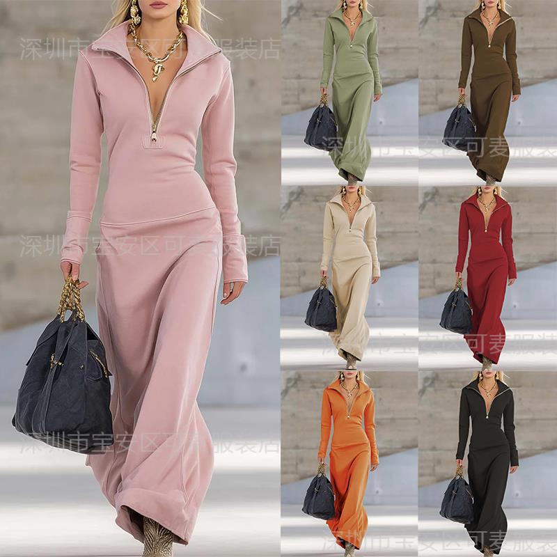 European and American Cross-Border Export New Women's Half-Zip Polo Collar Autumn and Winter Slim Long-Sleeved Casual Pure Color Long Dress