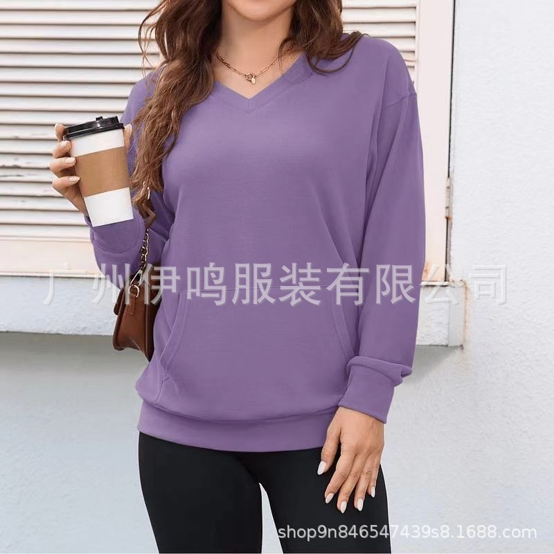 纯色V领宽松卫衣女秋冬新款长袖上衣大码休闲外套|undefined