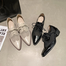 法式复古镂空网纱单鞋春夏透气系带英伦风尖头中粗跟真皮深口女鞋