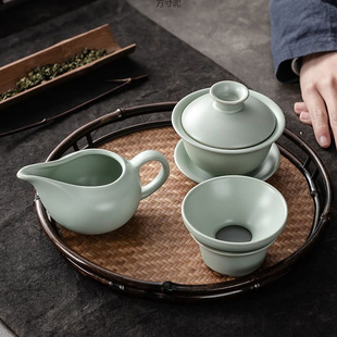 Ru Kiln Gaiwan Filter Tea Set with Ice Crack Tianqing Color Three Treasures Tea Maker for Home Use