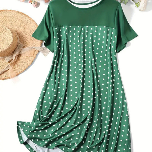 Summer Dress for Women - Simple Commute Polka Dot Crew Neck Short Sleeve Pajama Dress - Hot Selling Cross-Border Item from Europe and America