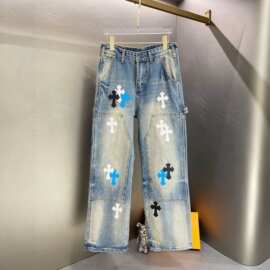 跨境正确版CH克啰十字架皮标水洗牛仔裤情侣街头宽松牛仔长裤批发