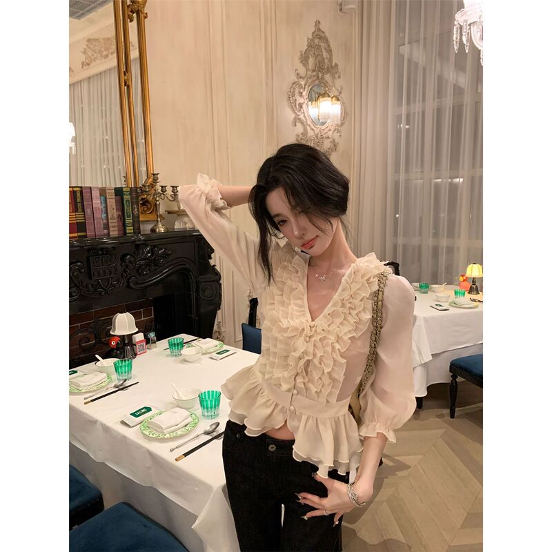 2025早秋新款时尚法式V领边压花雪纺衫女气质褶皱百搭泡泡袖上衣|undefined