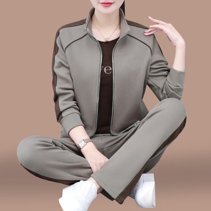 立领休闲运动套装女2025新款春秋中年妈妈宽松跑步卫衣外套三件套|undefined