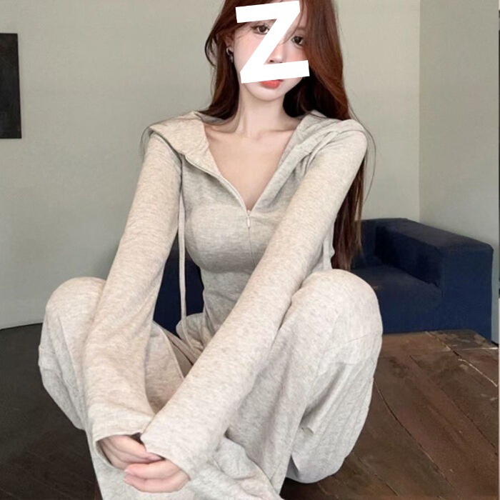 休闲流行休闲套装秋冬季新款纯色拉链短款连帽开衫卫衣两件套女装|undefined