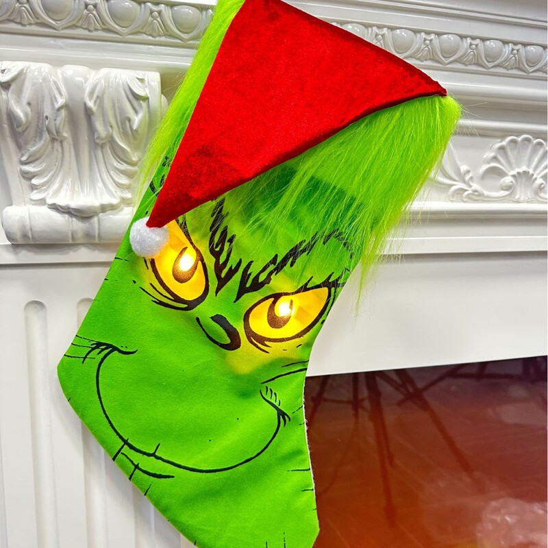 Christmas Stockings Grinch Green Furry Monster Luminous Christmas Stockings Christmas Decoration with Lights Christmas Tree Fireplace Hangings