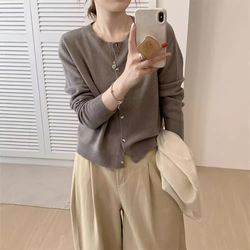 All-Wool Cardigan for Women, Fine Wool Sweater, Round Neck, Long Sleeve, Japanese and Korean Casual Style