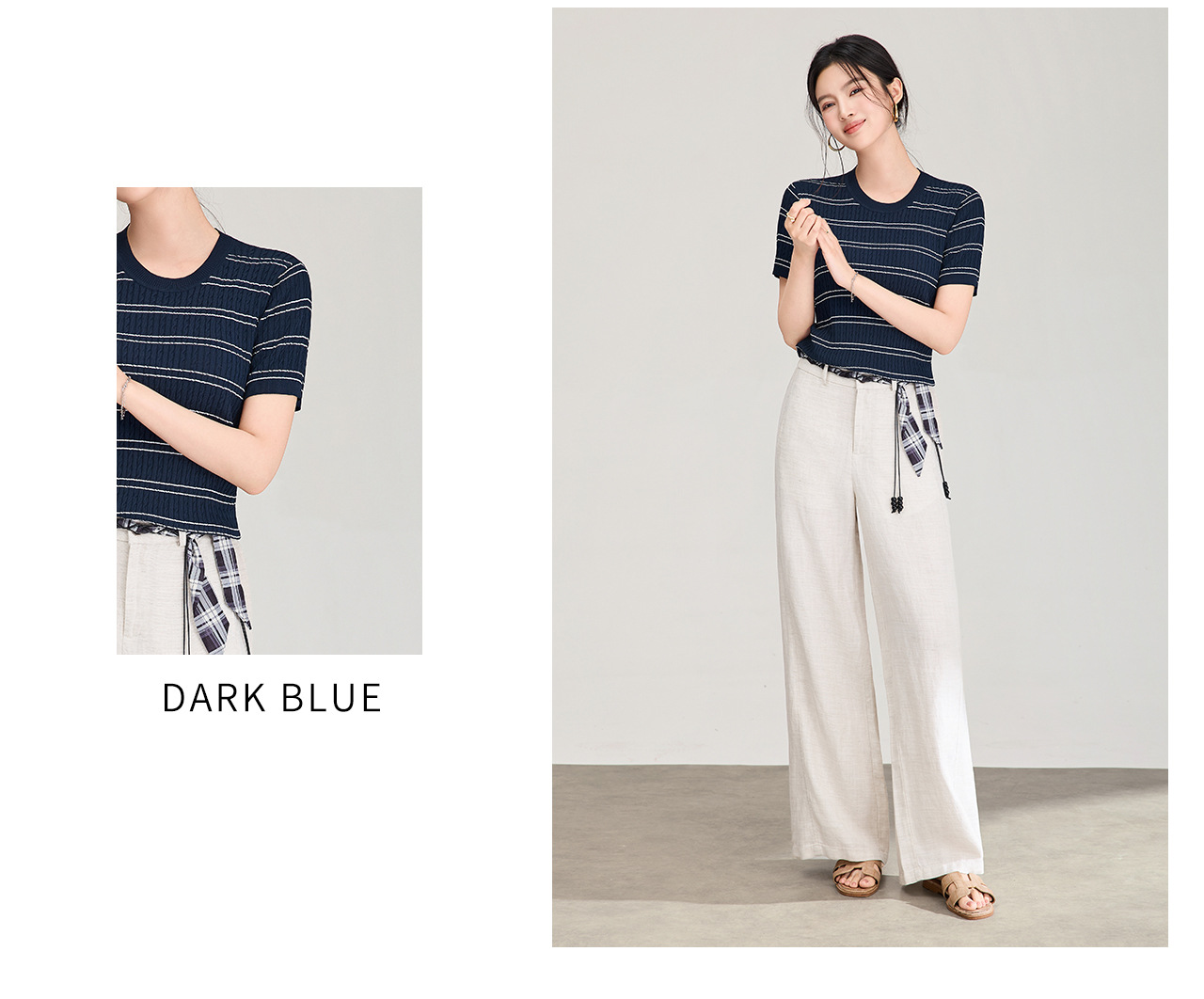 Áo thun dệt kim tay ngắn cổ tròn họa tiết sọc vintage nữ — màu xanh navy chi tiết 15