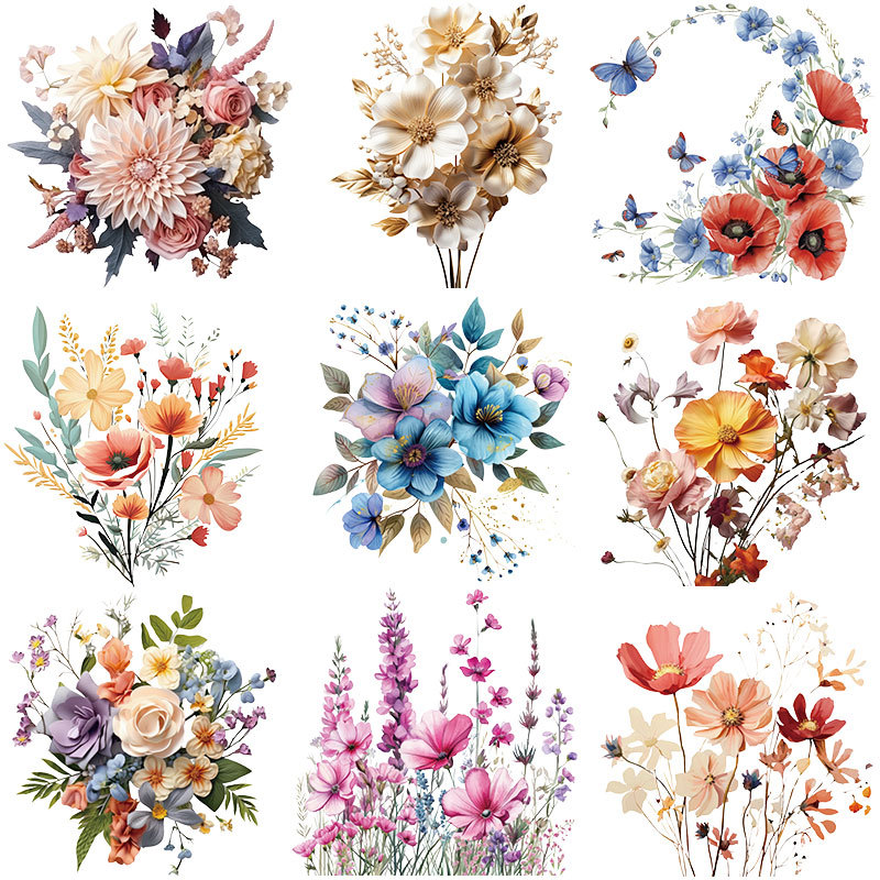 新款花朵花卉热转印烫画片 T恤印花图案热转印logo胶印熨烫贴烫图