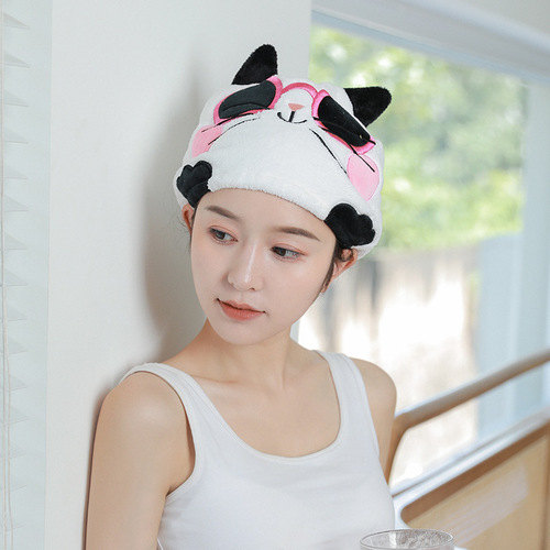 New Japanese patch embroidered hair drying towel cartoon animal hair drying hat for women, absorbent, quick-drying coral velvet turban