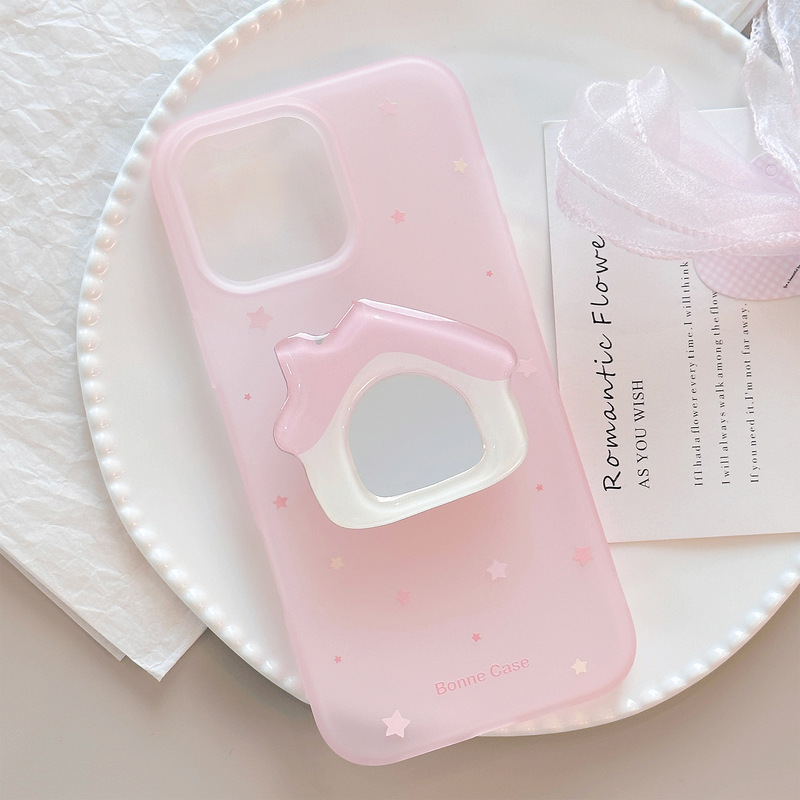 Sweet Pink Cottage Mirror Stand Suitable for iPhone 16 Pro Max, Apple 17 Silicone, Niche 13, Anti-Drop for 12