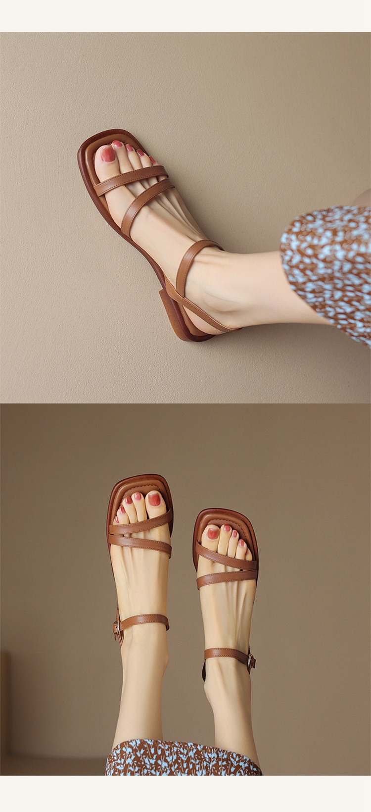 Sandal hở mũi quai ngang da bò gót thấp mũi vuông nữ kiểu mới — Màu nâu chi tiết 10