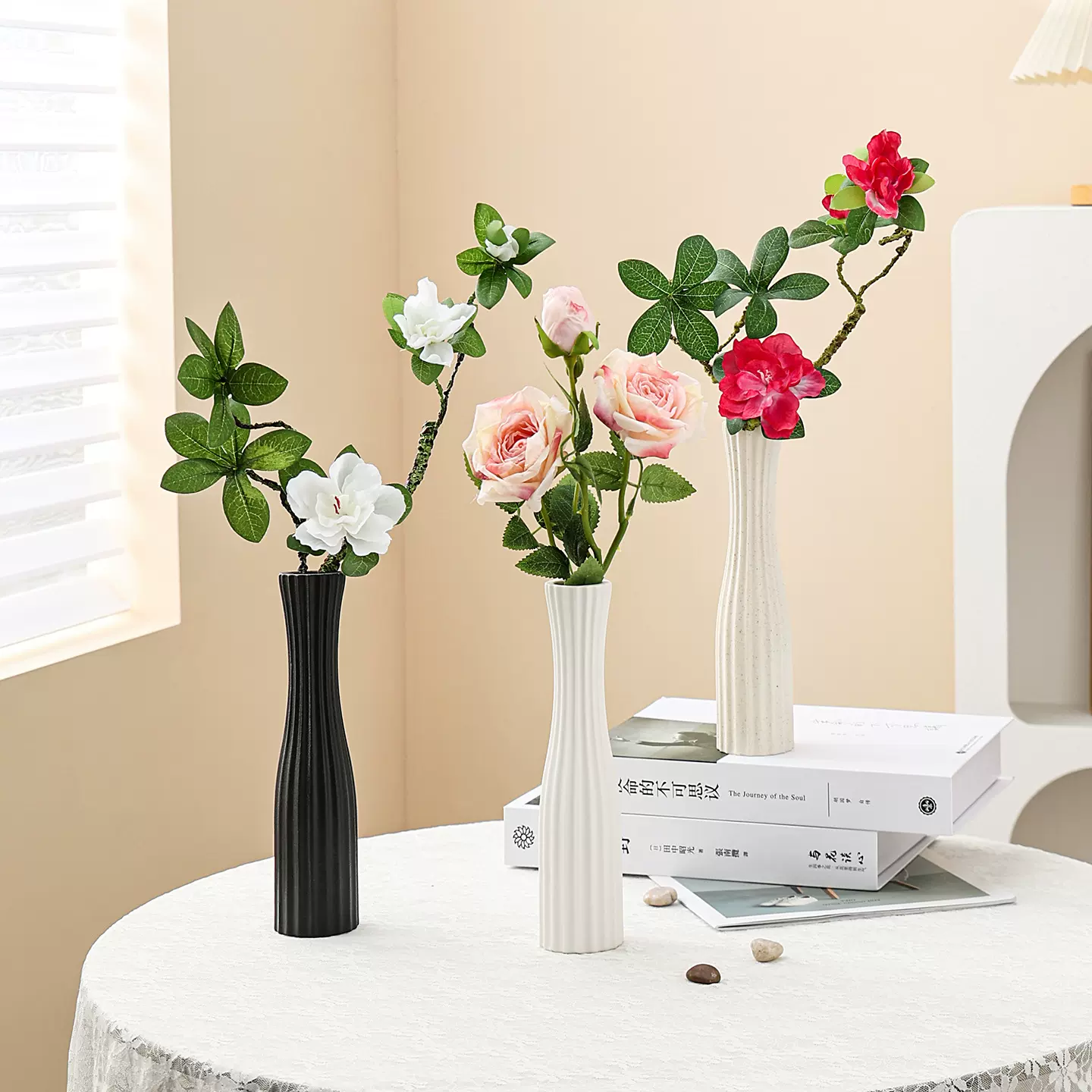 水培鲜花瓶竖纹陶瓷花瓶仿真花插花现代简约花器客厅餐桌装饰摆件