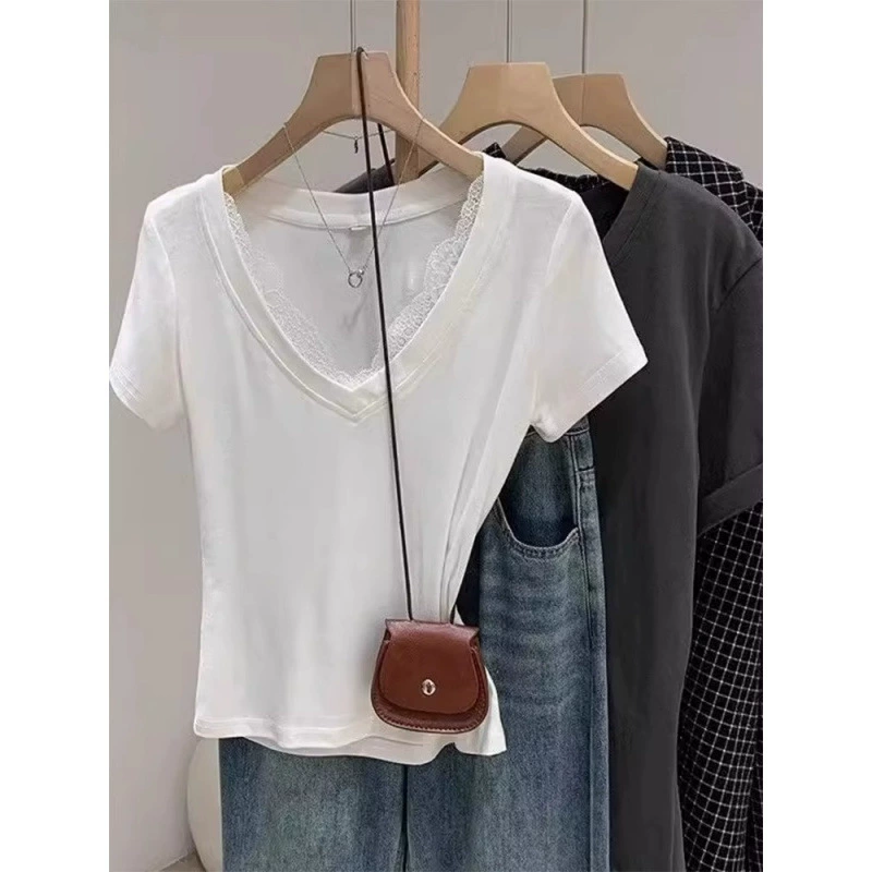 Кружевной с v-образным вырезом белая футболка с коротким рукавом женская летняя новая уникальная шикарная корейская маленькая рубашка с коротким плечом