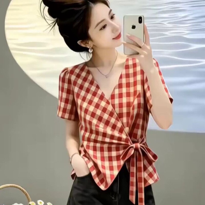 French-Style Retro Red and White Plaid Wrap Shirt for Women, 2026 New Summer Design with Waist-Tie Design French-Style Retro Red and White Plaid Wrap Shirt for Women, 2026 New Summer Design with Waist-Tie Design
