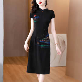 夏季2023新款中年妈妈真丝改良版收腰旗袍中长款连衣裙