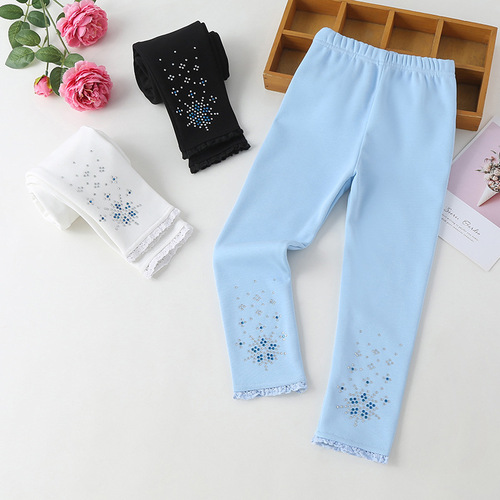 Elsa Princess Thermal Lined Leggings with Embroidered Diamond Trim, Children's Medium Size, Autumn/Winter Style Outerwear Pants