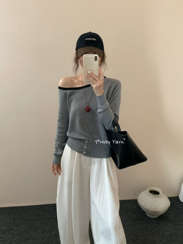 设计感条纹长袖针织衫2025秋新款法式时尚斜领露肩套头百搭女上衣|undefined