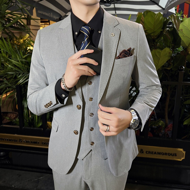 2023 Spring and Autumn new men's groom double breasted suit suit slim stretch fabric suit three-piece suit men's