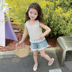Ladies' Summer 2024 New Children's Outfit Lace Backless Top and Denim Shorts Set for Babies Thin Clothing