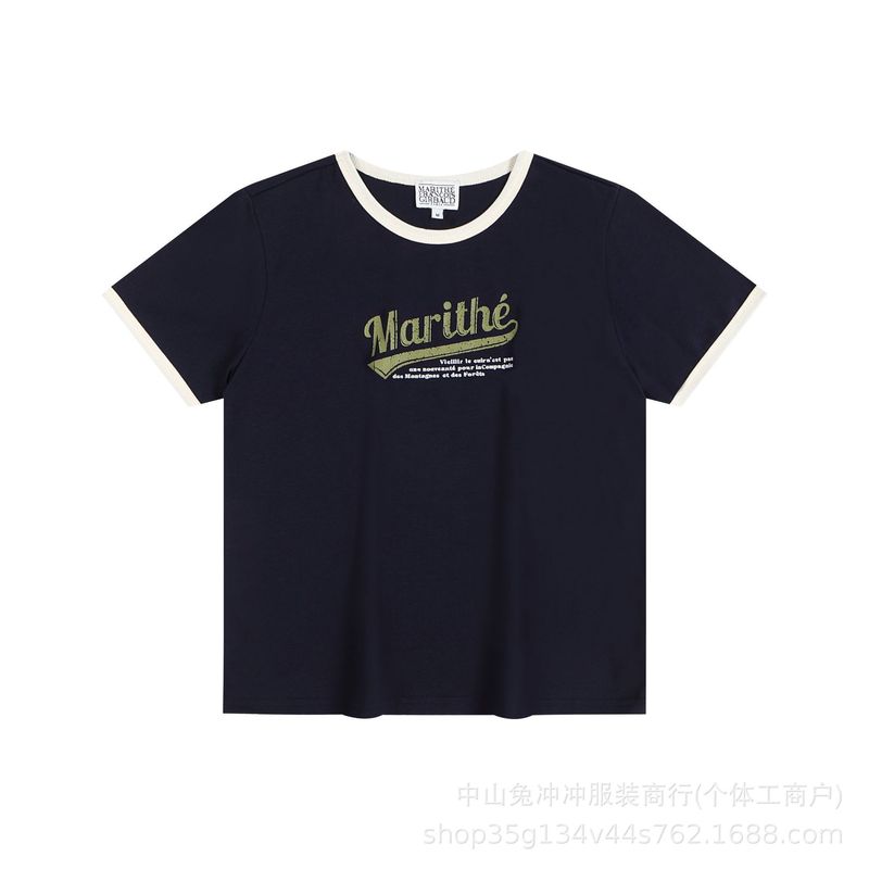 韩国marithe字母刺绣印花休闲正肩短袖男女同款重磅T恤一件代发潮|undefined