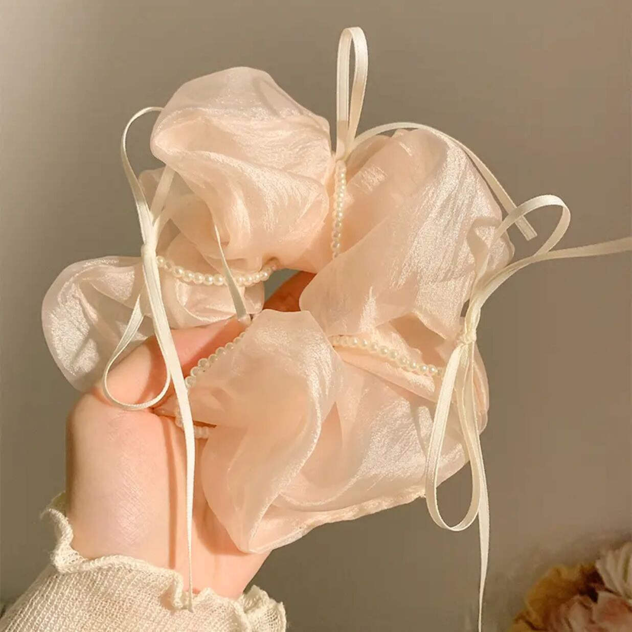 진주 리본 머리끈 - 라이트 핑크