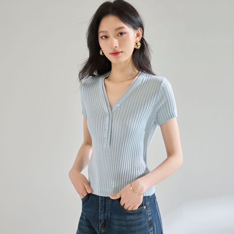 2026 Summer Old Money Style Ribbed V-Neck Simple Slim Fit Knitted Short Sleeve Elegant Commuter Versatile T-Shirt 25973