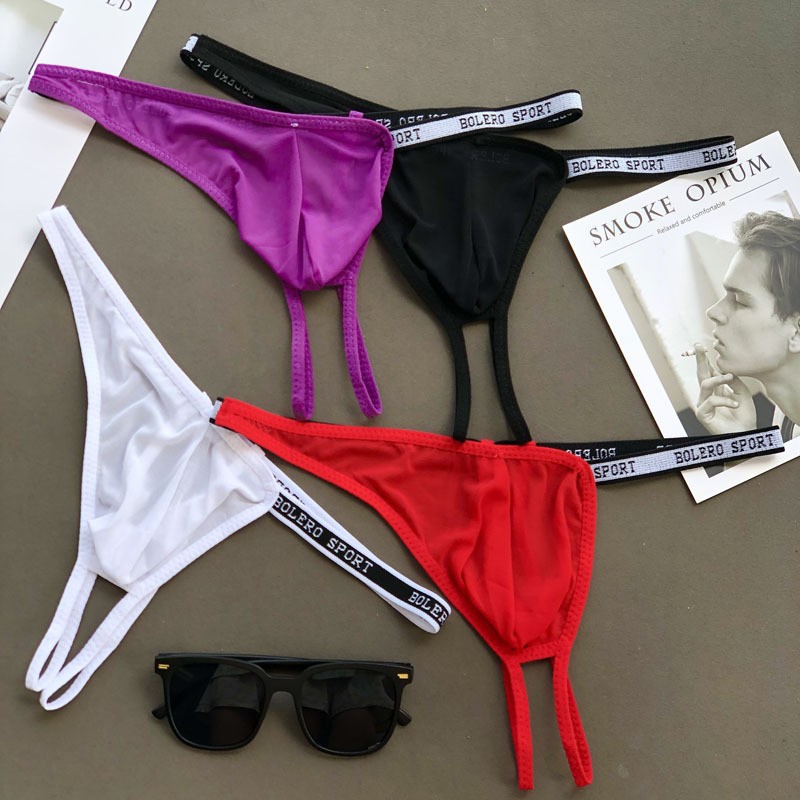 European and American elastic butt-lifting double thong men's U-convex sexy underwear, transparent low-rise butt-revealing sports erotic T-pants
