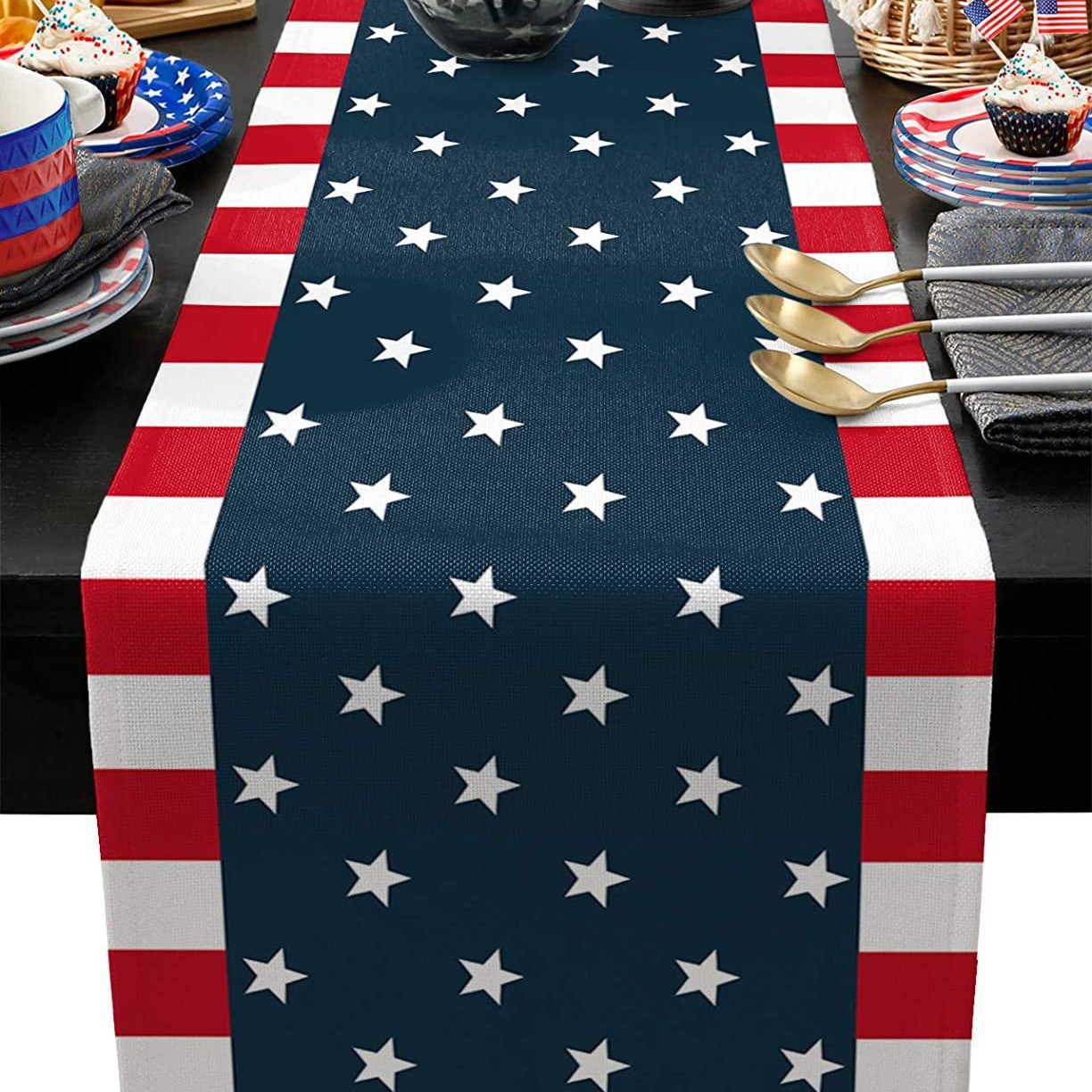 Transfronterizo 2024 nuevo día de la independencia de los Estados Unidos lino bandera de mesa bandera estrella y rayas tela de mesa de comedor cama de té tela de mesa image 16