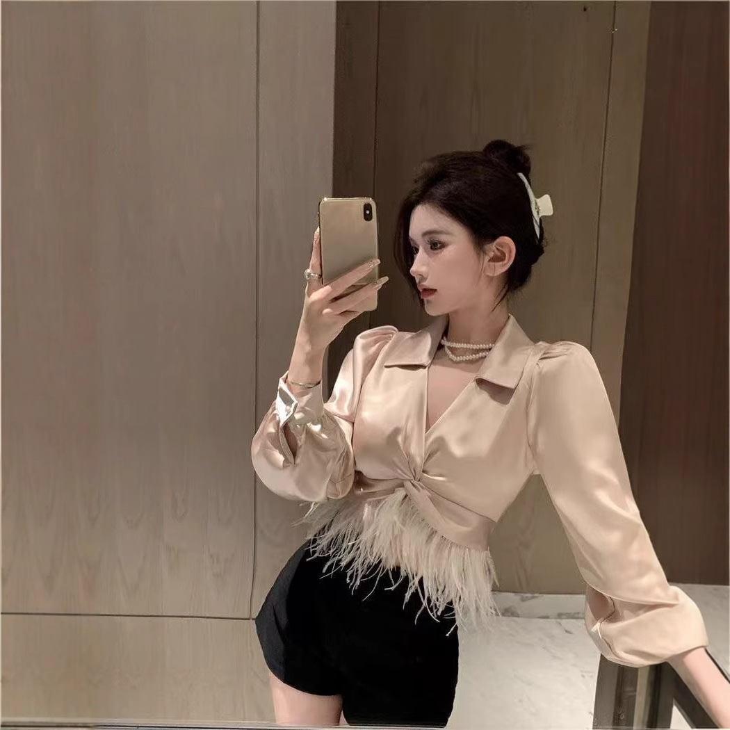 (2개) 새틴 셔츠 여성 디자인 센스 틈새 깃털 술 셔츠 가을 프랑스 V 넥 사교계 우아한 긴팔 탑