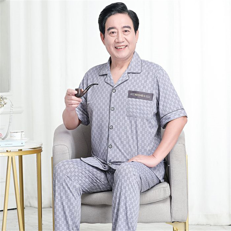 Pajamas de algodón delgado de manga corta para hombres, pajamas de verano, abuelos, padres, pajamas de verano, cuadros