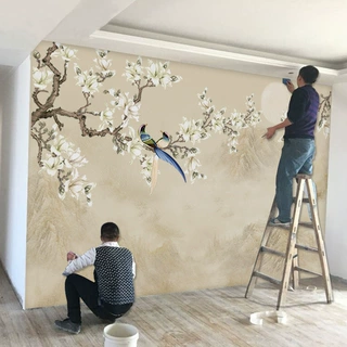 新中式电视背景墙壁画8d立体墙布花鸟5d墙纸壁布沙发客厅卧室贴画