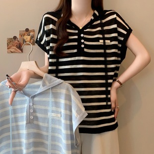 Summer New Plus-Size Fashion Hooded Striped Sleeveless Knit Versatile Loose Casual Age-Reducing Top T-Shirt