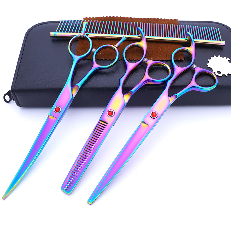 Fabricante de juegos de tijeras para mascotas, tijeras de peluquería canina al por mayor de 7 pulgadas, suministros morados para perros.