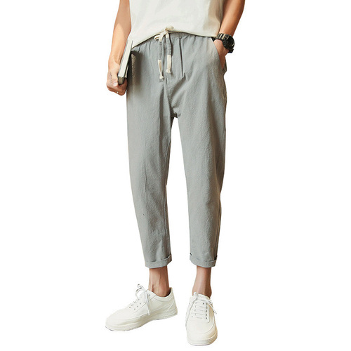Men's Summer Casual Plain Color 9-inch Straight Leg Sport Pants Loose Thin Cotton Linen Capri Pants